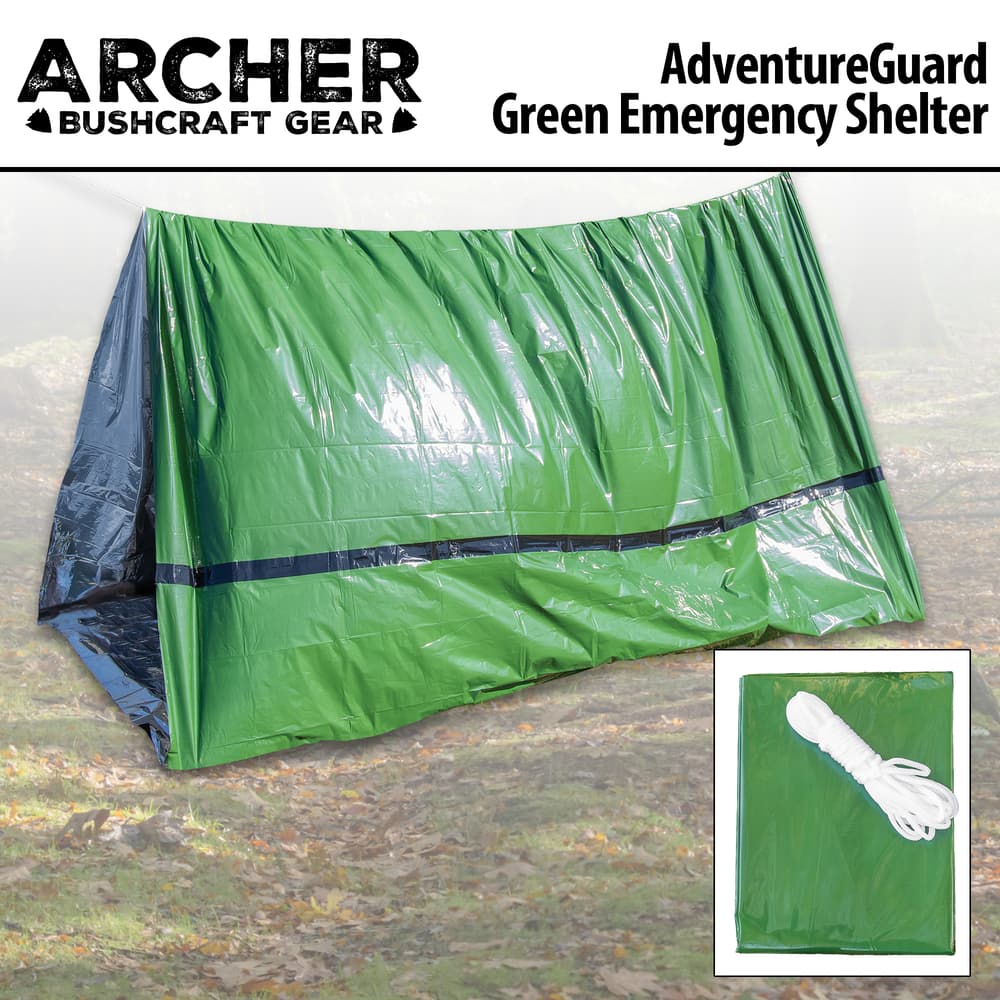 Full image of the Archer Bushcraft AdventureGuard Green Emergency Shelter. image number 0